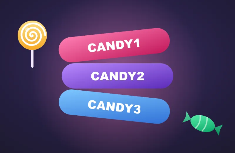 Trzy kolorowe kupony z kodami CANDY1, CANDY2, CANDY3 – bonusy depozytowe Candy Casino