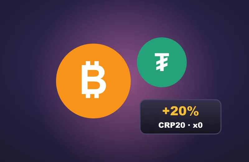 Monety Bitcoin i Tether oraz napis +20% CRP20 x0 – bonus krypto w Candy Casino